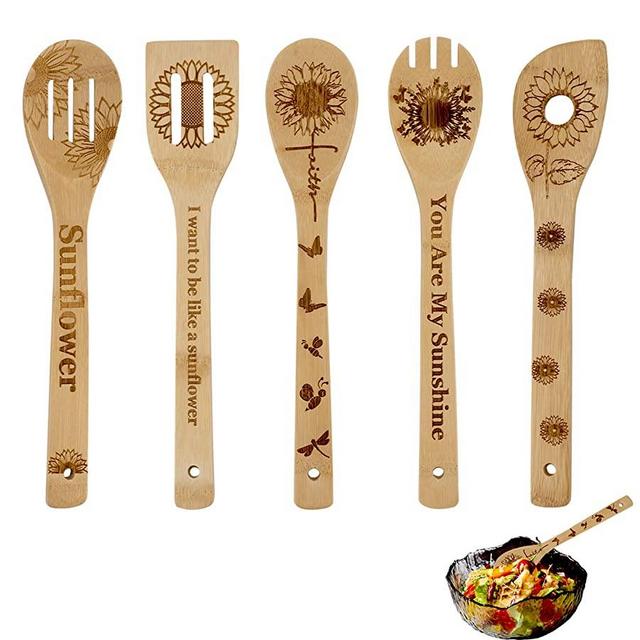 Sunflower Wooden Cooking Spoons Set of 5,Sunflower Kitchen Gift, Sunflower Spoon Set,Bamboo Cooking Spoons Housewarming Wedding Birthday Mom Cooking Anniversary Kitchen Decor