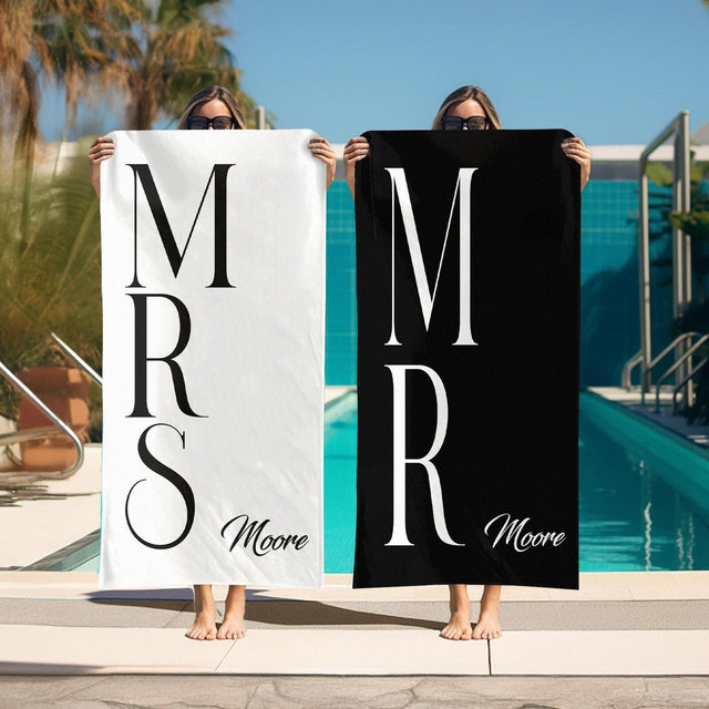 Custom Couple Beach Towel, Personalized Mr. and Mrs. Beach Towels, Honeymoon Present For Newlywed, Bridal Shower Gift,Couple or Single Towel