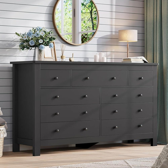 Hasuit Black Dresser for Bedroom with 9 Drawers, Modern 55.1" Long Dresser Chest of Drawers with Wide Drawer and Wood Knob, Large Capacity Storage Organizer Dresser for Bedroom, Living Room, Hallway