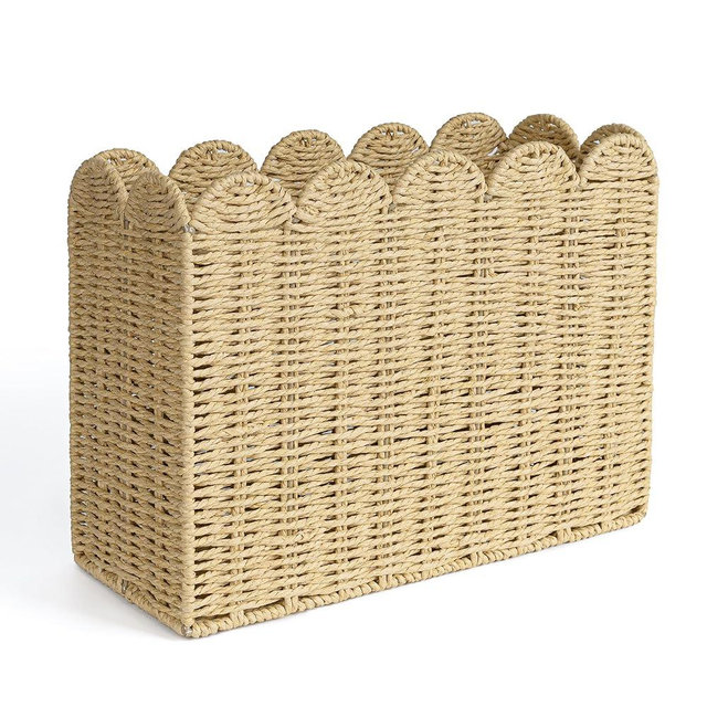 AELS Woven Natural Fibre Magazine Holder, Scalloped Edge Floor Magazine Rack, Hand-woven Organizer, Boho Modern Farmhouse Book Basket, File Newspaper Mail Holder for Office