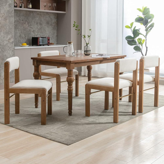 CIMOTA Mid Century Modern Dining Chairs Set of 4, Fabric Linen Kitchen Chairs Upholstered Farmhouse Dining Room Chairs Armless Side Chairs with Adjustable Back/Wood Frame, Beige