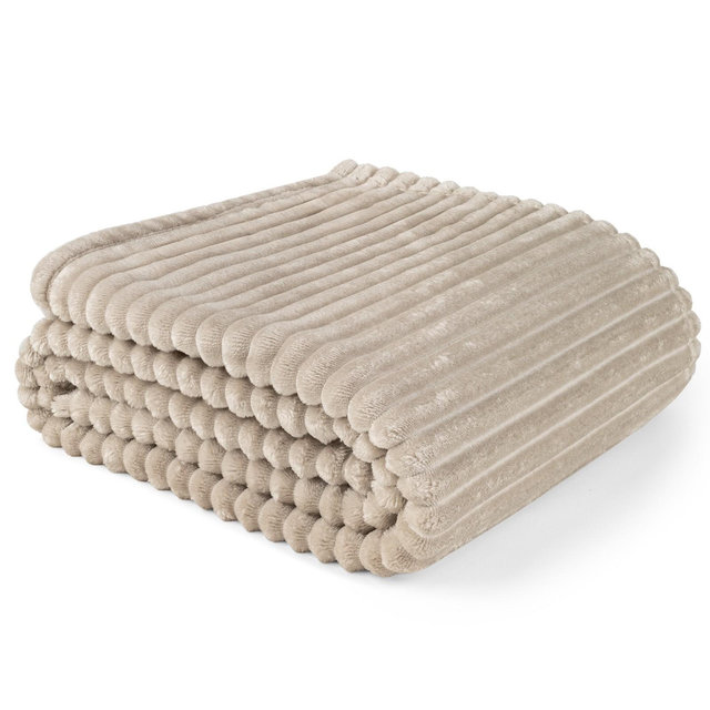 PAVILIA Super Soft Fleece Flannel Ribbed Striped Throw Blanket, Luxury Fuzzy Plush Warm Cozy for Sofa Couch Bed, Taupe/Twin - 60x80