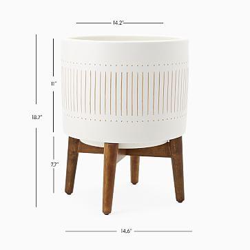 Mid Century Turned Wood Leg Planter, White + Gold, Wide
