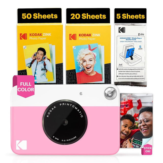 Kodak Printomatic Full-Color Instant Print Digital Camera - 75 Sheets Bundle - Prints On Zink 2x3 Sticky-Back Photo Paper - 5MP, Portable, Creative Fun Gift for Birthday, Christmas, Holiday - Pink
