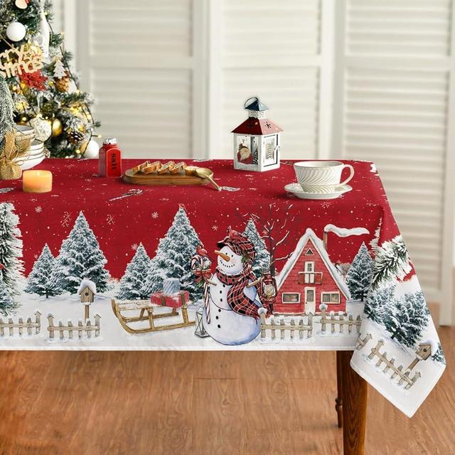 Horaldaily Christmas Tablecloth 60×104 Inch, Winter Snowman House Christmas Trees Red Washable Table Cover for Party Picnic Dinner Decor