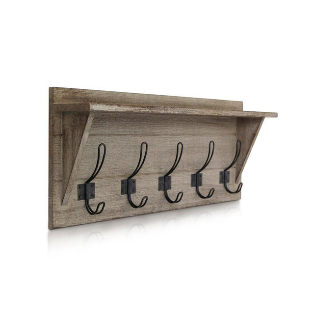 Rustic Wall Mounted Coat Rack Shelf - Wooden Country Style 24" Entryway Shelf With Hooks - Solid Pine Wood - For Entryway, Kitchen, Bathroom