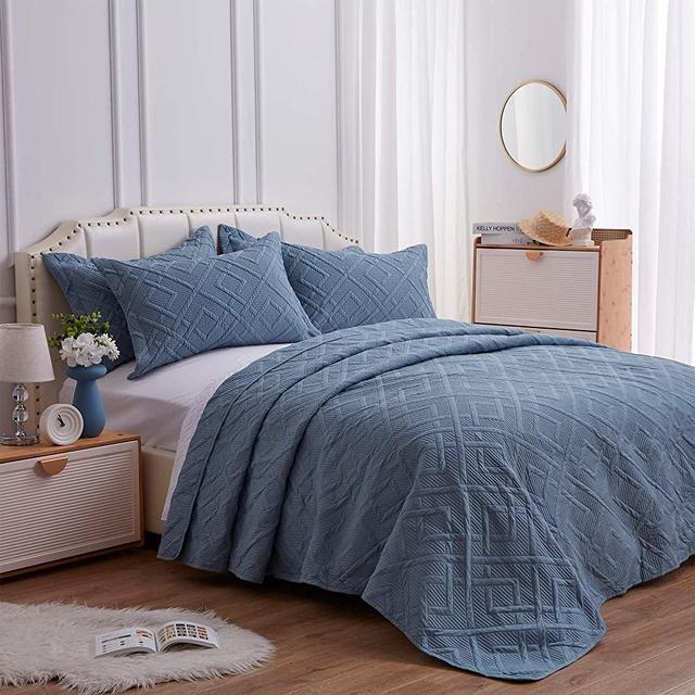 SunStyle Home 3 Pieces Quilt Set Full/Queen Size 90x96 inch Quilted Coverlet with 2 Pillow Shams, Ultra Soft Lightweight Bedspread Coverlet for All Season, Grayish Blue