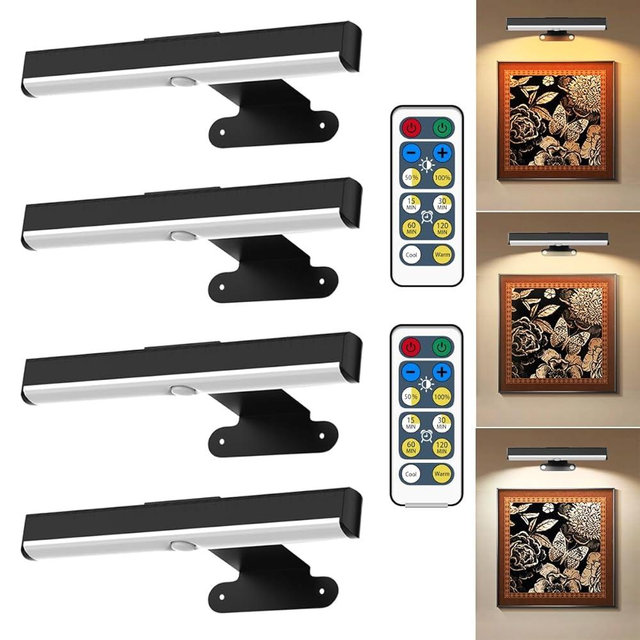 4Pack Wireless Picture Light with Remote,Battery Operated Wall Sconces for Wall Decor,3 Color Timer&Dimmable Paintings Light LED Art Display Lamp Picture Frame Light for Artwork Posters Gallery-Black