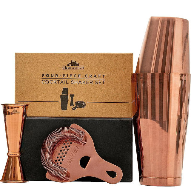 A Bar Above Copper Cocktail Shaker Set – 4-Piece Copper Bar Set for Business or Home Bar – Includes Hawthorne Strainer & Japanese Jigger – Professional Bar Accessories for The Home Bar Set