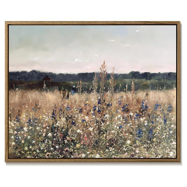 Vintage Framed Wall Art Decor with Wildflower Landscape, Rustic Farmhouse Canvas Prints for Wall Decor, Modern Floral Canvas Wall Art for Living Room Bedroom Office