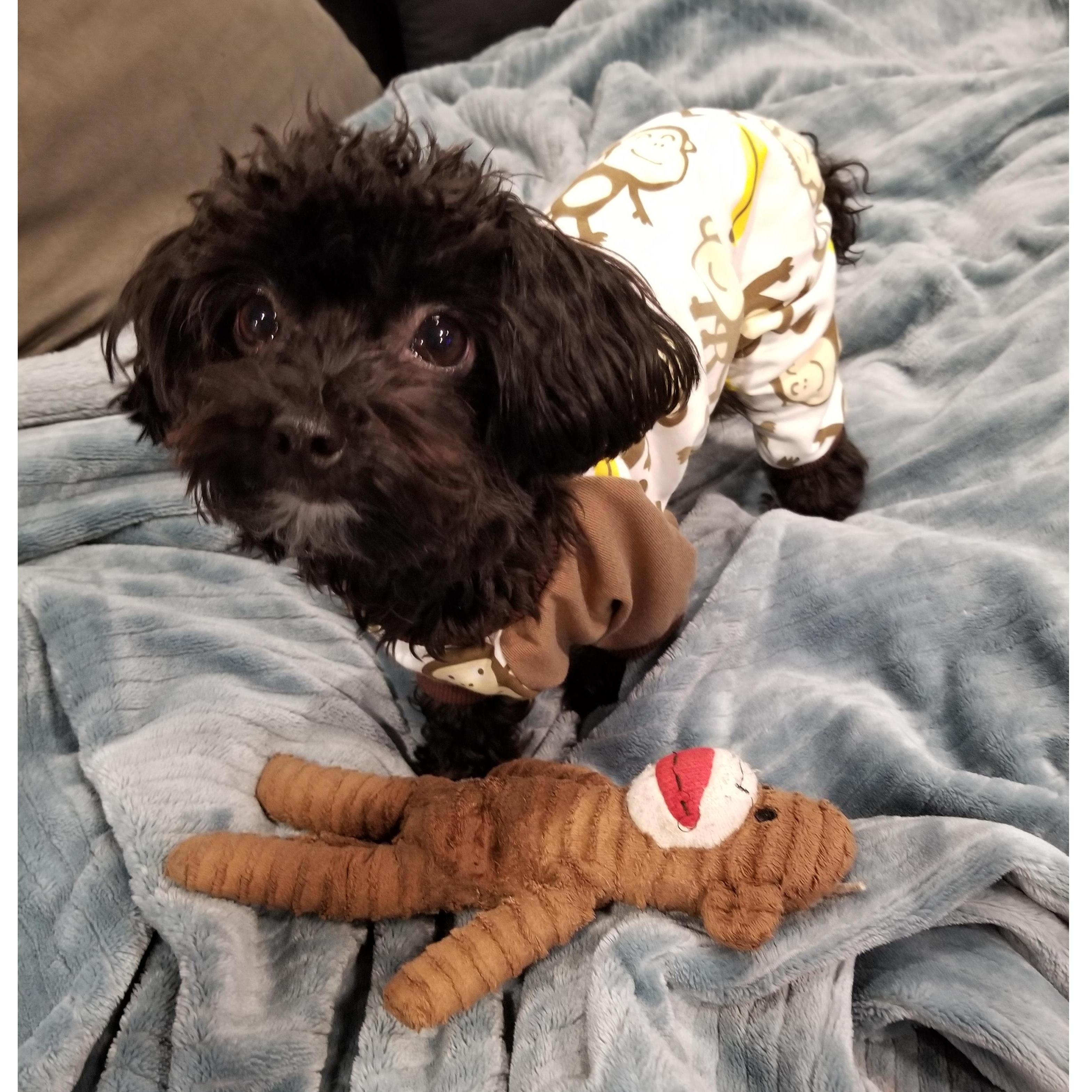Tuck and his monkey in monkey PJs <3