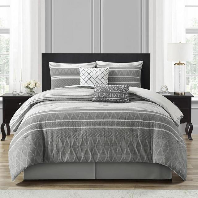 Grand Avenue Cotton King Size Comforter Set, 6 Piece, Grey Geometric Jacquard Bedding Set, Bedskirt, Pillows & Shams, Home Decor