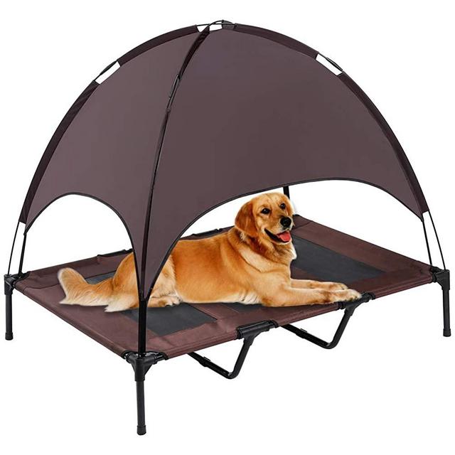 SUPERJARE Outdoor Dog Bed, Elevated Pet Cot with Canopy, Portable for Camping or Beach, Durable 1680D Oxford Fabric, Extra Carrying Bag - Brown