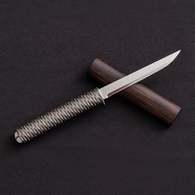 Ginsenka - Handmade Japanese Cooking Knife with a Stainless Steel Wire Handle & Sheath, Double Beveled for Both Right-Handed and Left-Handed