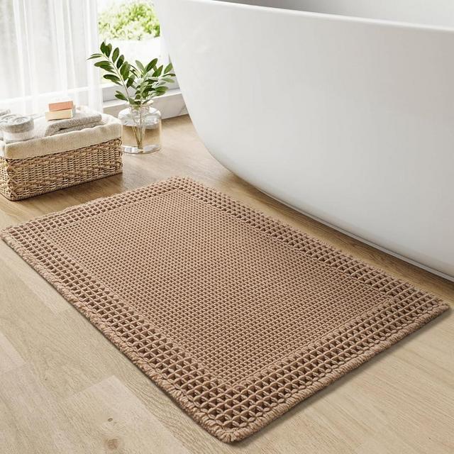RESARE Waffle Bath Mat for Bathroom, Super Absorbent Bathroom Rugs Non Slip Machine Washable, Ultra Soft Boho Bath Rugs with Tassels for Bathroom Floor, Upgraded Bordered Design, 18"x30" Brown