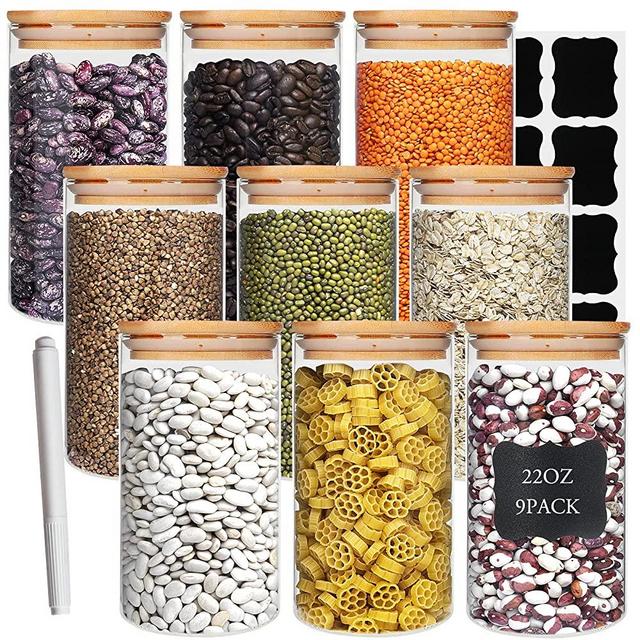 Glass Food Storage Containers Jars with Airtight Bamboo Lid 22oz 9pcs, 650ml Pantry Organization Jar, Glass Terrarium with Lid, Spice, Tea, Flour and Sugar Container, Canister Set for Kitchen Counter