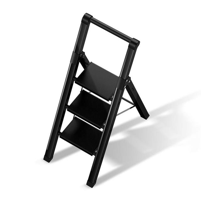 3 Step Ladder,Folding Step Stool with Aluminum Wide Pedal& Convenient Handgrip,330lbs Capacity Steel Ladder for Household and Office(Black)