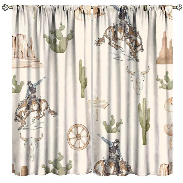 Western Cowboy Curtain, Riding Horse Cactus Desert Cow Vintage Farmhouse Country Window Drapes for Bedroom Living Room Home 42" W X 45" L