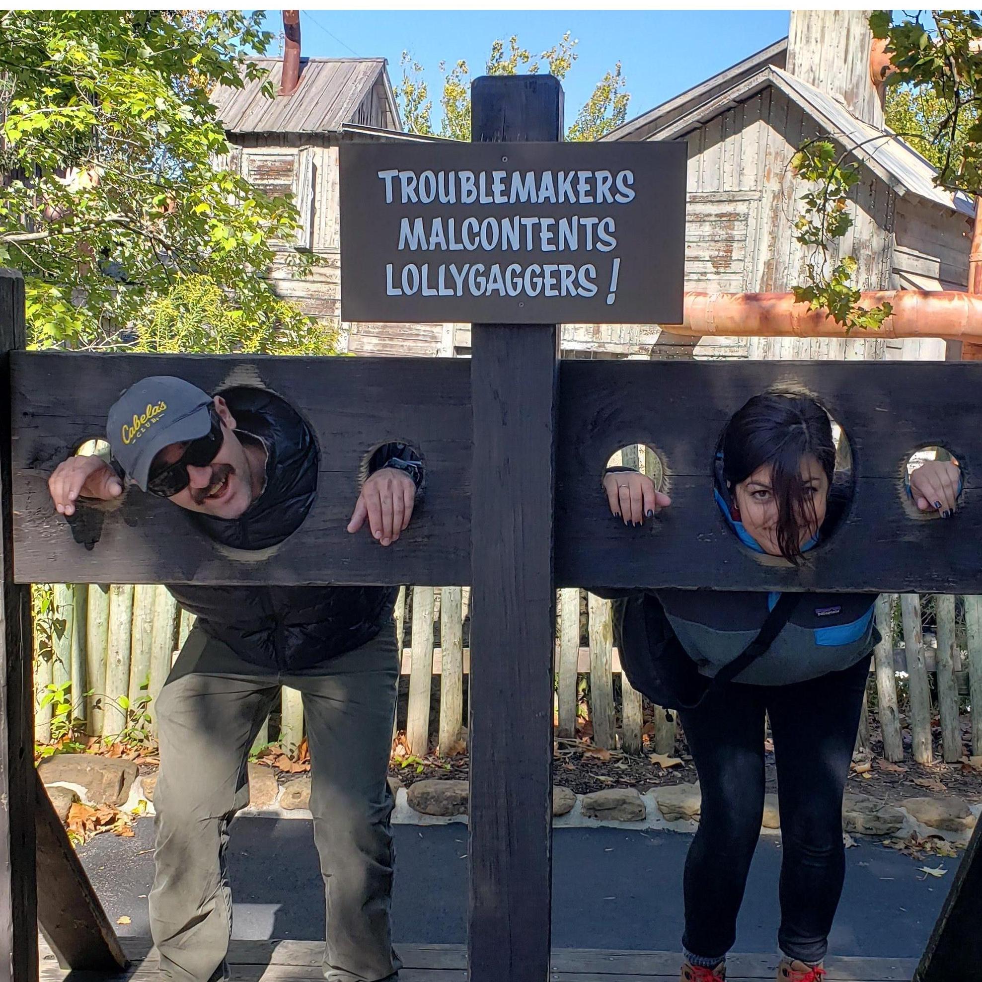 Kitty (Bri's sister) told us we were misbehaving and put us in the stocks at Silver Dollar City theme park. Branson, Missouri, October 2019.