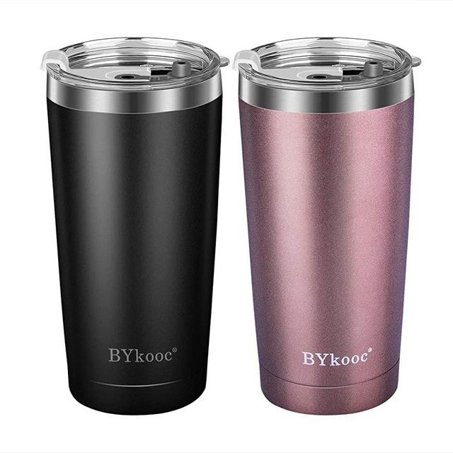20 oz Tumbler with lid,BYkooc Stainless Steel Travel Coffee Mug and Straw,Vacuum Insulated Tumbler Cup,Double Wall Coffee Tumbler for Home,Office（Black + Rose Gold）