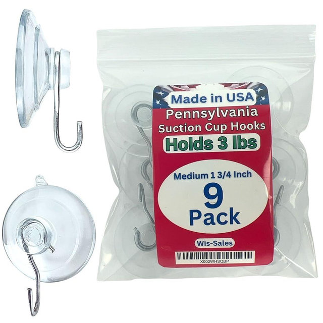 Wis-Sales 9-Pack Medium 1 3/4 inch Pennsylvania Heavy Duty Suction Cup Hooks for Glass Windows. for Signs Holiday Ornaments Suncatchers