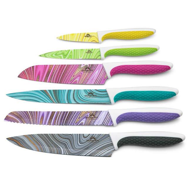 6 Piece Colorful Designer Stainless Steel Chef Kitchen Knife Set- Dishwasher Safe Unique Liquid Marble Sharp Kitchen Knives Set With Gift Box- Scratch Resistant And Anti Rust Knives For Kitchen