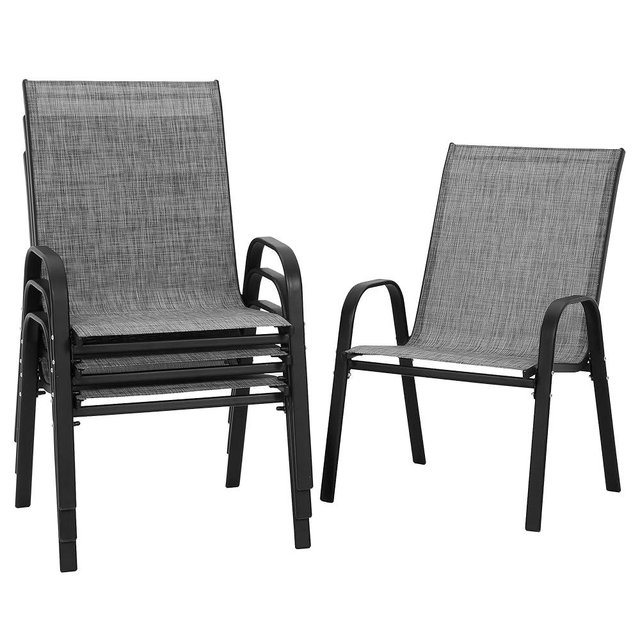 PIZZELLO Patio Chairs Set of 4, Outdoor Stackable Dining Chairs for All Weather, Lightweight Textilene Outdoor Chair Sets with Armrests, 300Lbs Capacity, for Backyard Porch Poolside Garden (Grey)