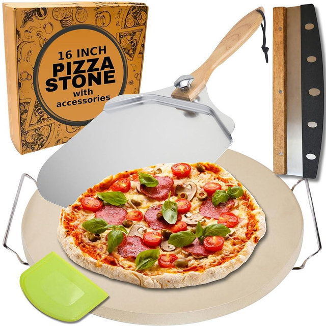 Round Pizza Stone for Oven 16 inch - Large Pizza Stone with Handles, Metal Pizza Peel, Pizza Cutter and Dough Tool - Baking Stone for Oven Bread - Thick Heavy Duty Cordierite Baking Stones