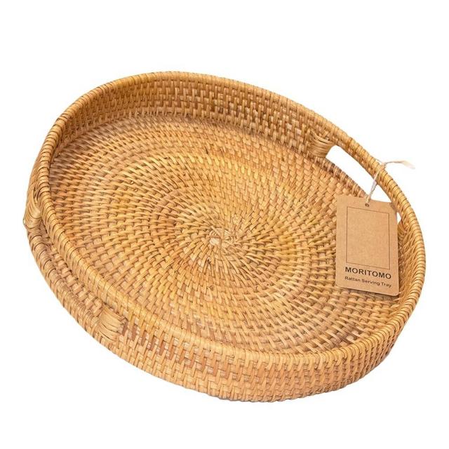 14'' Decorative Serving Tray, Natural Round Rattan Tray with 2 Handles, Hand Woven Tray for Coffee Table, Fruit, Remote Controls, Keys and Home Decor