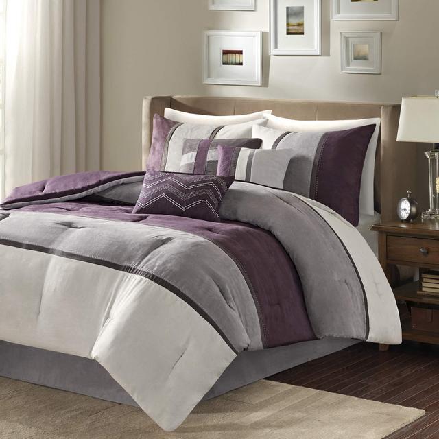 Madison Park Palisades 7 Piece Faux Suede Comforter Set, Queen, Purple