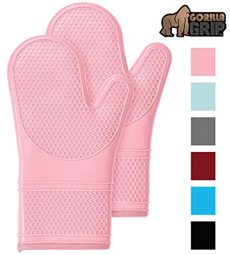 Gorilla Grip Premium Silicone Non Slip Oven Mitt Set, Soft Flexible Oven Gloves, Professional Heat Resistant Kitchen Cooking Mitts, Protect Hands from Hot Surfaces, Cookie Sheets, Pink Pair, Set of 2