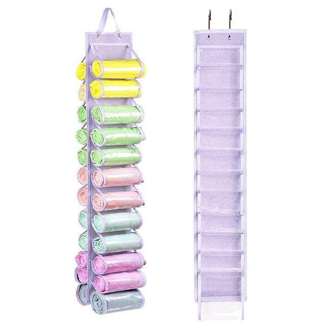 Legging Storage Bag Storage Hanger Can Holds 24 Leggings or Shirts Jeans Compartment Storage Hanger, Foldable Leggings Organizer Clothes Portable Closets Roll Holder (Light Purple)