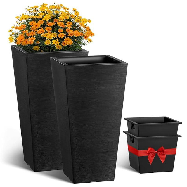 VEVOR Set of 2 Tall Outdoor Planters 22inch, Large Planters for Outdoor Indoor Plants, Black Front Porch Planters Flower Tree Plant Pots with Modern Design and Built-in Drainage