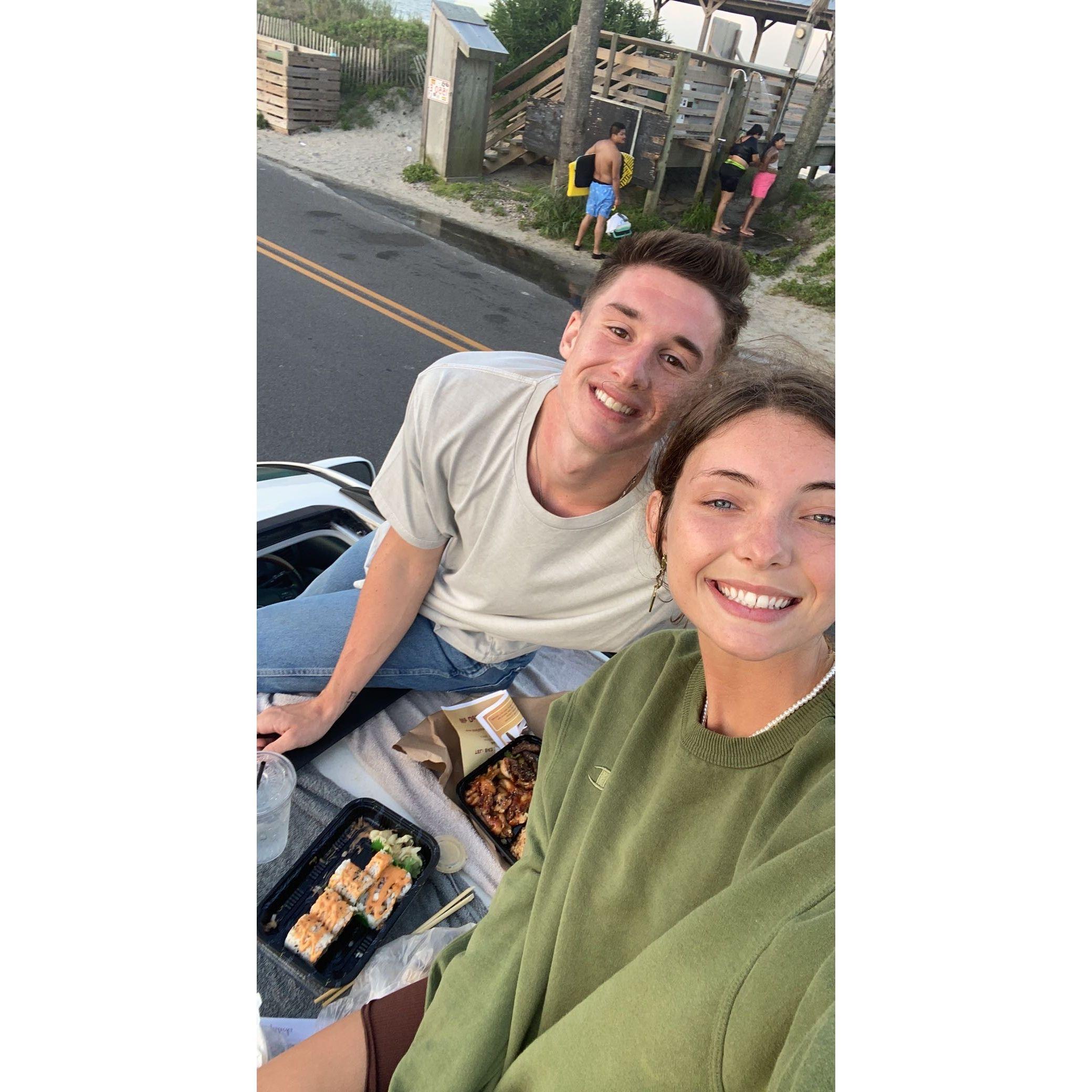 Sushi dinner date, on top of the car, watching the sunset? We're in