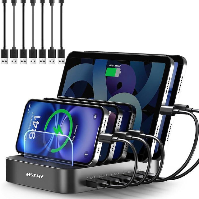MSTJRY Charging Station for Multiple Devices : 5 Port Multi USB-A Charger Stations Multi-Device Organizer Charging Dock Designed for iPhone iPad Cell Phone Tablets (7 Short Cables Included), Gunmetal