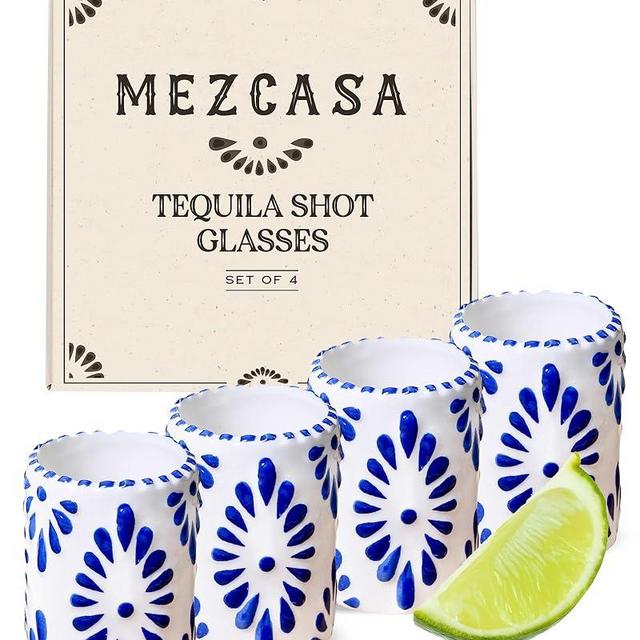 MEZCASA Talavera Shot Glasses — 100% Handmade Ceramic Tequila Shot Glasses with Talavera Mexican Pottery Design — Perfect Tequila Gifts for Women & Men for Any Occasion (BLUE | SET OF 4)