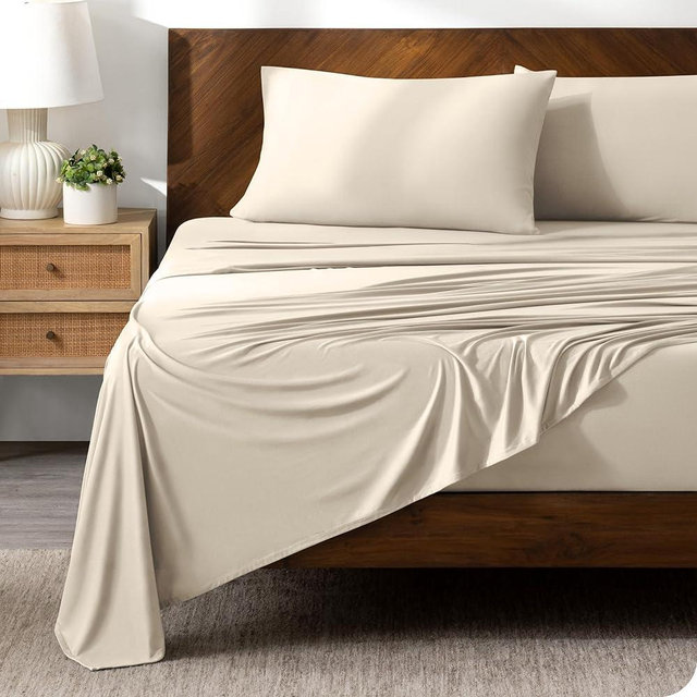 Bare Home Premium Microfiber Stretch Knit Sheet Set, 4-Way Stretch Bed Sheets, Stretch Fitted Sheet, Stretch Flat Sheet, Stretch Envelope Pillowcases (Queen, Sand)