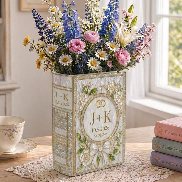 Personalized Wedding Book Vase, Custom Couple Initials Vase, Pearl Floral Book Vase, Bridal Shower Gift, Anniversary Keepsake