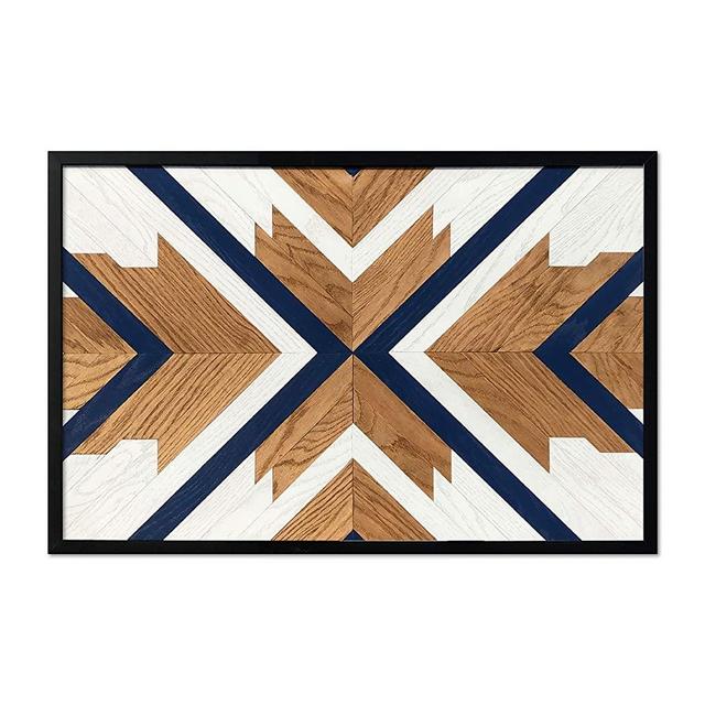 Brixon Geometric Wood Wall Art, Handcrafted from Oak, Navy Accents, Size 24x36