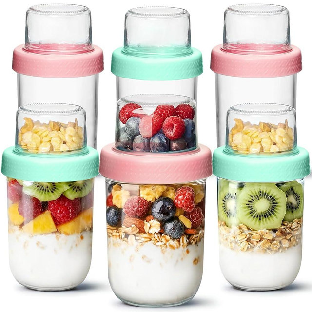 ComSaf 6-Pack 16 oz Overnight Oats Containers with Lids, Glass Jars with Airtight Lids, Dual-Layer Chia Pudding Jars with Dry and Wet Separation, Yogurt Parfait Cups for Oatmeal Cereal Nut Fruit