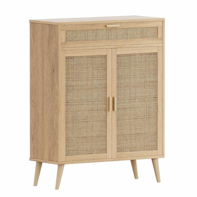 Rovaurx Accent Floor Storage Cabinet with Rattan Doors, Bathroom Cabinet with Large Drawer, Freestanding Storage Cabinet Organizer, Natural BMGZ107M