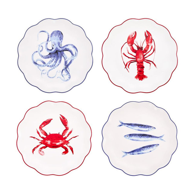 Bico Ocean Wonders Scalloped Salad Plates Set of 4, 8.75 Inch Ceramic Dessert Plates for Salad, Appetizer, Side Dishes, Microwave and Dishwasher Safe, Gift for Housewarming and Christmas