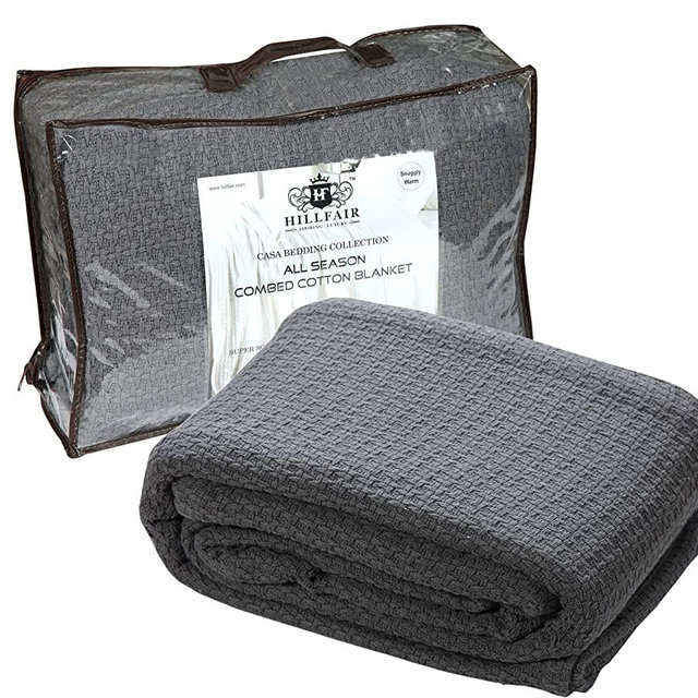 HILLFAIR 100% Combed Cotton Blanket– California King Size Bed Blankets– Warm Soft All Season Breathable Blankets– Extra Large Oversized California King Blanket- Grey King Bed Cotton Blankets