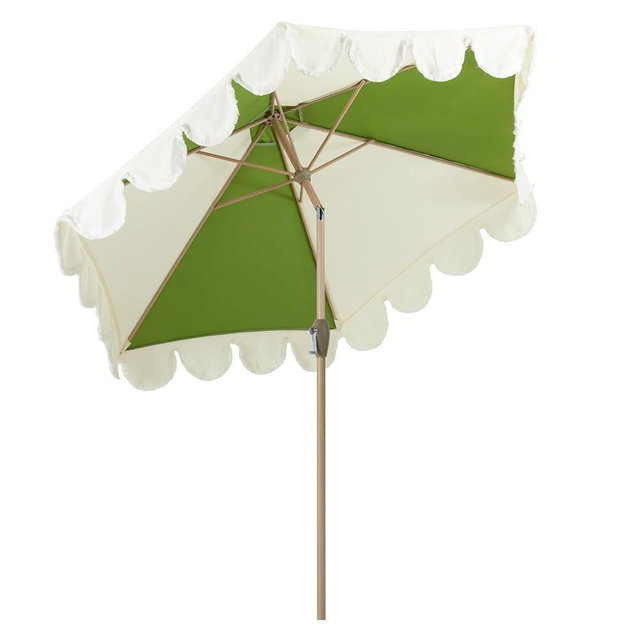 Tempera 9ft Scalloped Patio Umbrellas with Fringe, Market Umbrellas with Water-Resistant and Fade Resistant Canopy, 1.5" Wood Pole & Button Tilt.