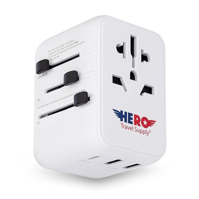 Hero Universal Travel Adapter – Power Plug for US Europe France UK Ireland Thailand NZ Australia 100+ Countries | 2 USB-A & 1 USB-C