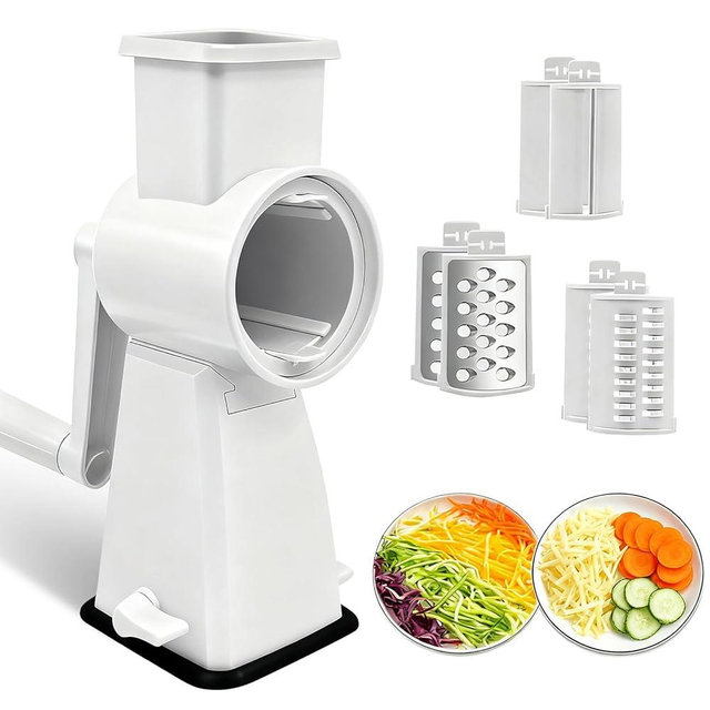 SUREWIN 3-in-1 Rotary Cheese Grater Handheld, Lightweight Body with 3 Stainless Steel Blades & Non-Slip Suction Base, for Shredding Parmesan, Slicing Vegetables, Grating Chocolate（White）