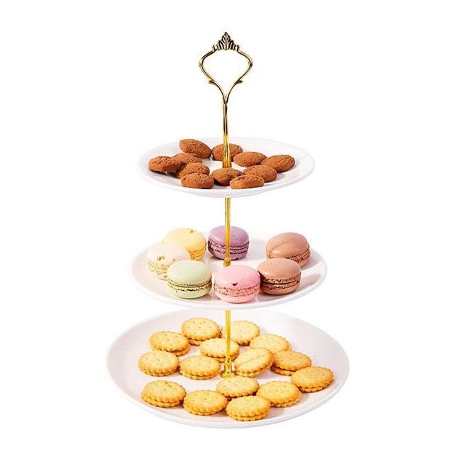 E-ROOM TREND Cupcake Stand Sturdy 3 Tier 9” Ceramic Pure White Classic Style With Gold Poles, Dessert Stand Tower Tree Serving Tray Platter for Wedding Tea Birthday Party (A039)