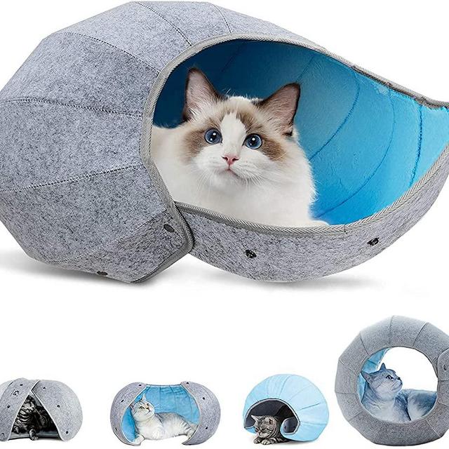 K·1 Cute Blue Cat Cave Beds for Indoor Cats Clearance, Interactive Small Large Cat Tunnel Beds & Furniture, Kitten Houses Toy Felt Hideaway, 8 in 1 Multi-Function D.Ball for Cats Outdoors