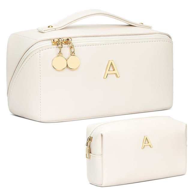 CLOUDWINGS Birthday Gifts for Women Teen Girl, Personalized Initial Makeup Organizer Bag Set, Open Flat Travel Cosmetic Bag With Clear Divider and Handle(Beige,A)
