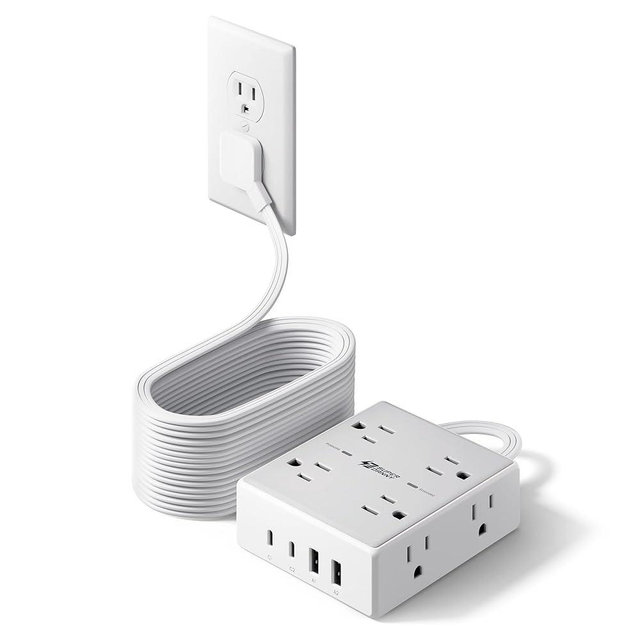 20Ft Long Extension Cord, Flat Plug Power Strip with 8 Outlets & 4 USB Ports (2 USB C), Wall Mountable Surge Protector, Desk Charging Station for Home Office, College Dorm Room Essentials